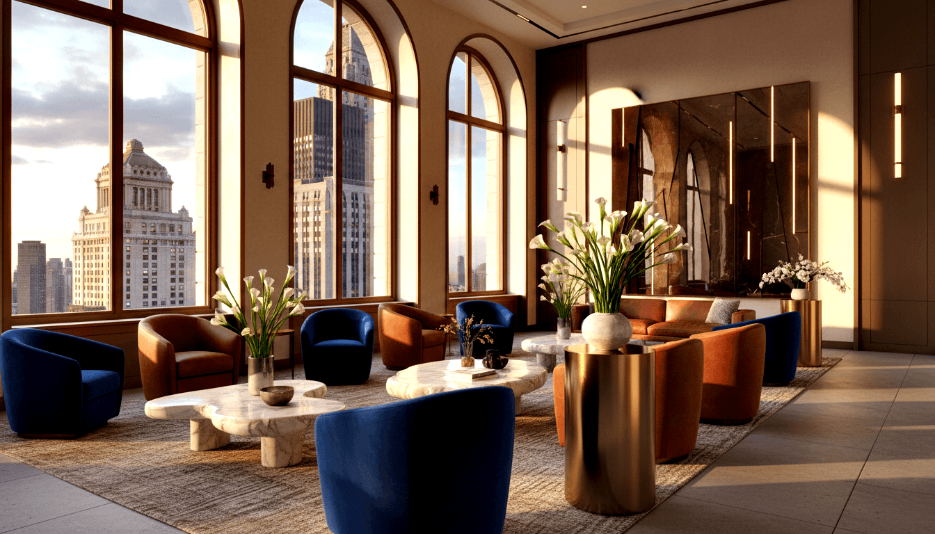 High-floor lounge with arched windows, urban skyline, rust leather and blue velvet armchairs around a white marble coffee table.