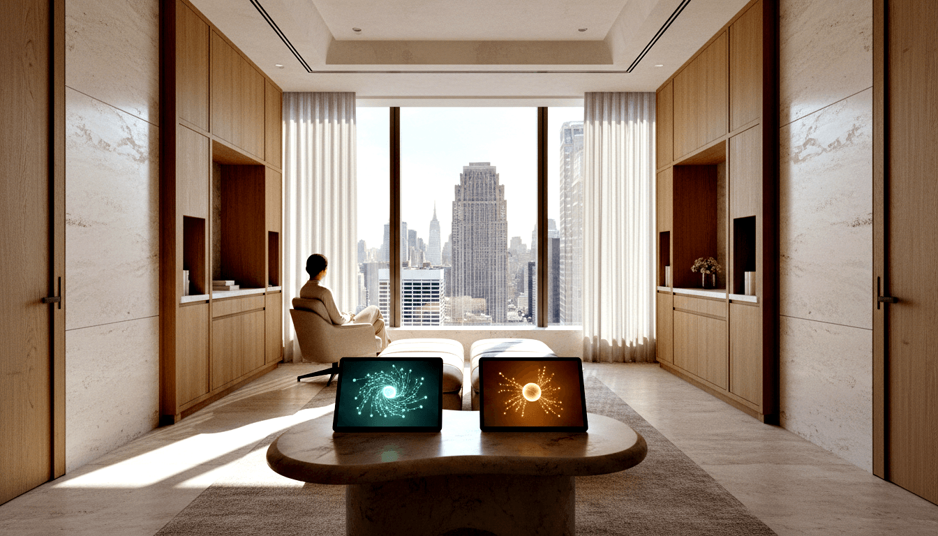 Person in cream outfit sits in armchair facing city skyline through floor-to-ceiling windows; oval table holds two glowing devices.