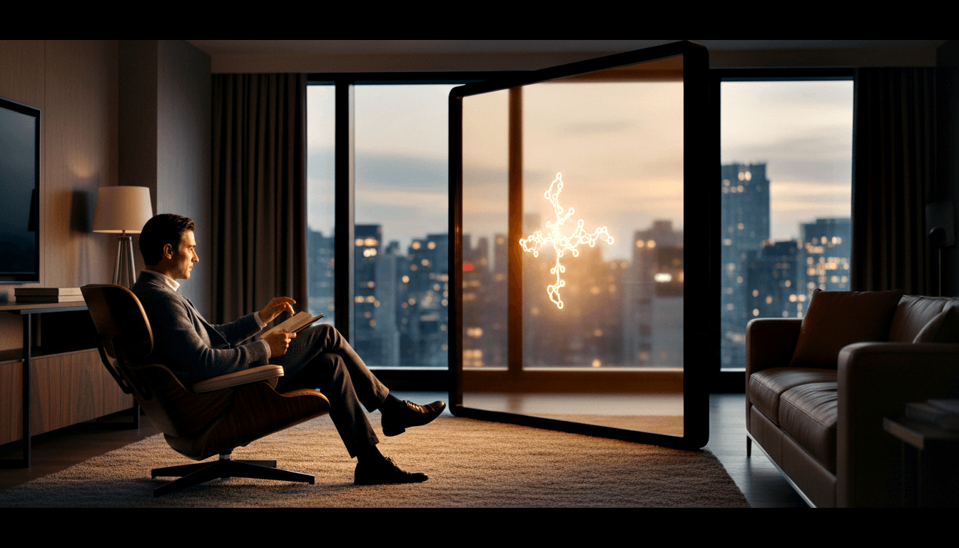 Man in dark suit reads in leather chair in high-rise room at dusk; glowing cross-shaped node network floats near city-view windows.
