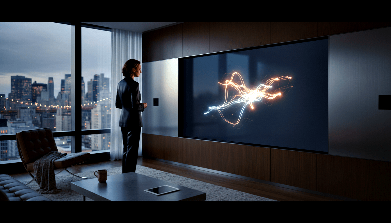 Woman in dark blazer stands before large wall screen displaying amber, white, and cyan light trail patterns in a dim high-rise interior.