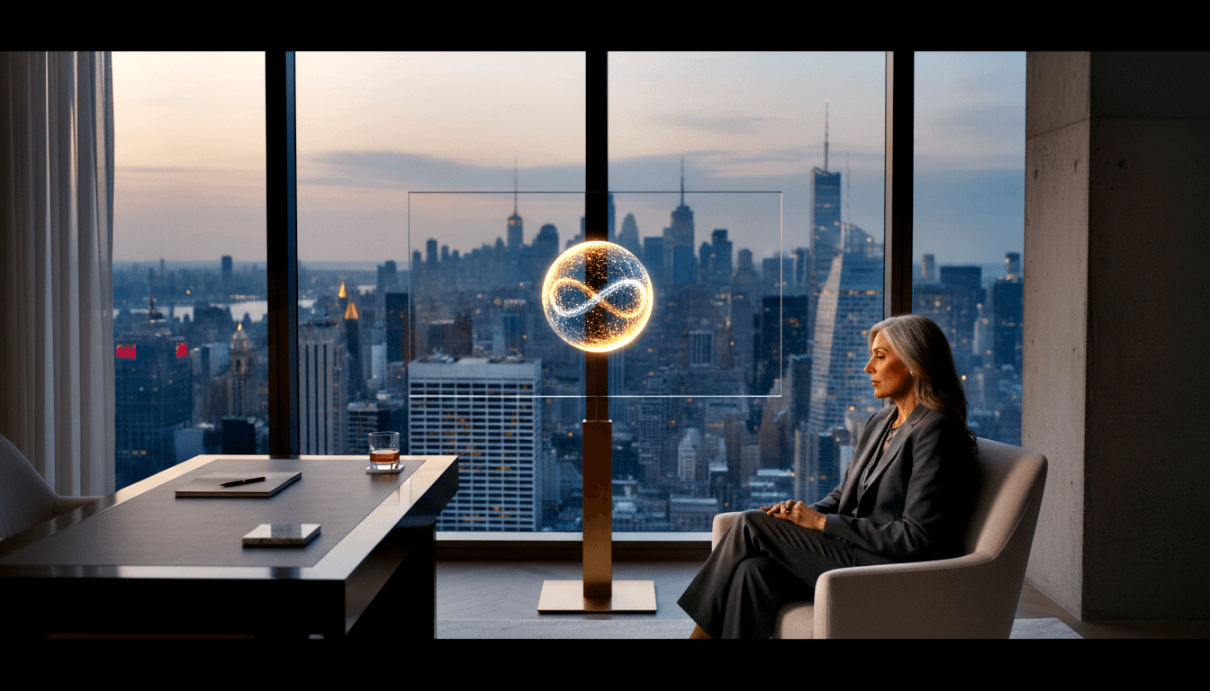 Silver-haired woman in dark gray suit sits in cream armchair facing a glowing amber-gold orb on tall gold pedestal displaying an infinity symbol.