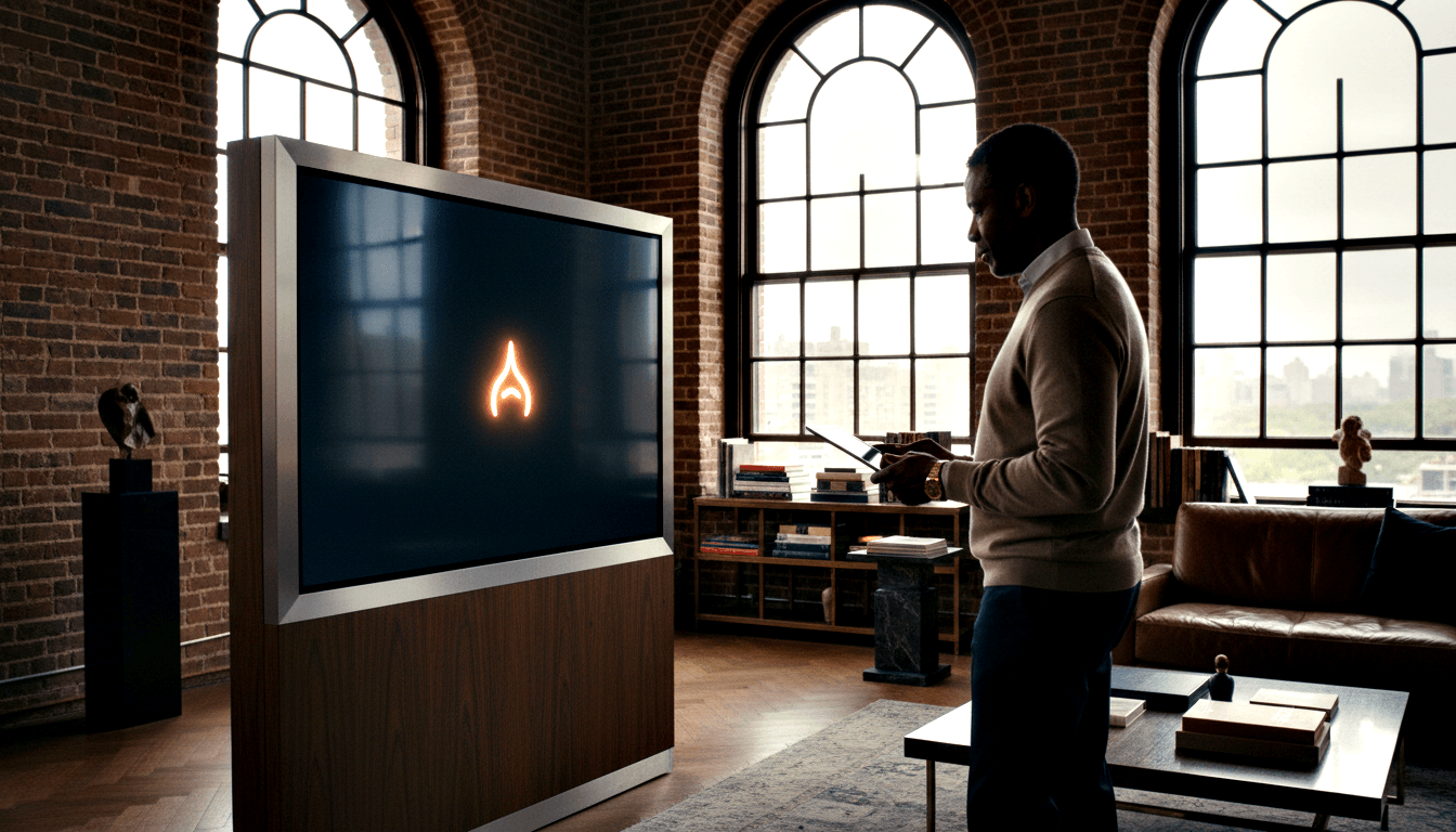 Man in beige sweater and dark jeans holds remote facing flat-screen TV on wood cabinet showing orange flame logo.