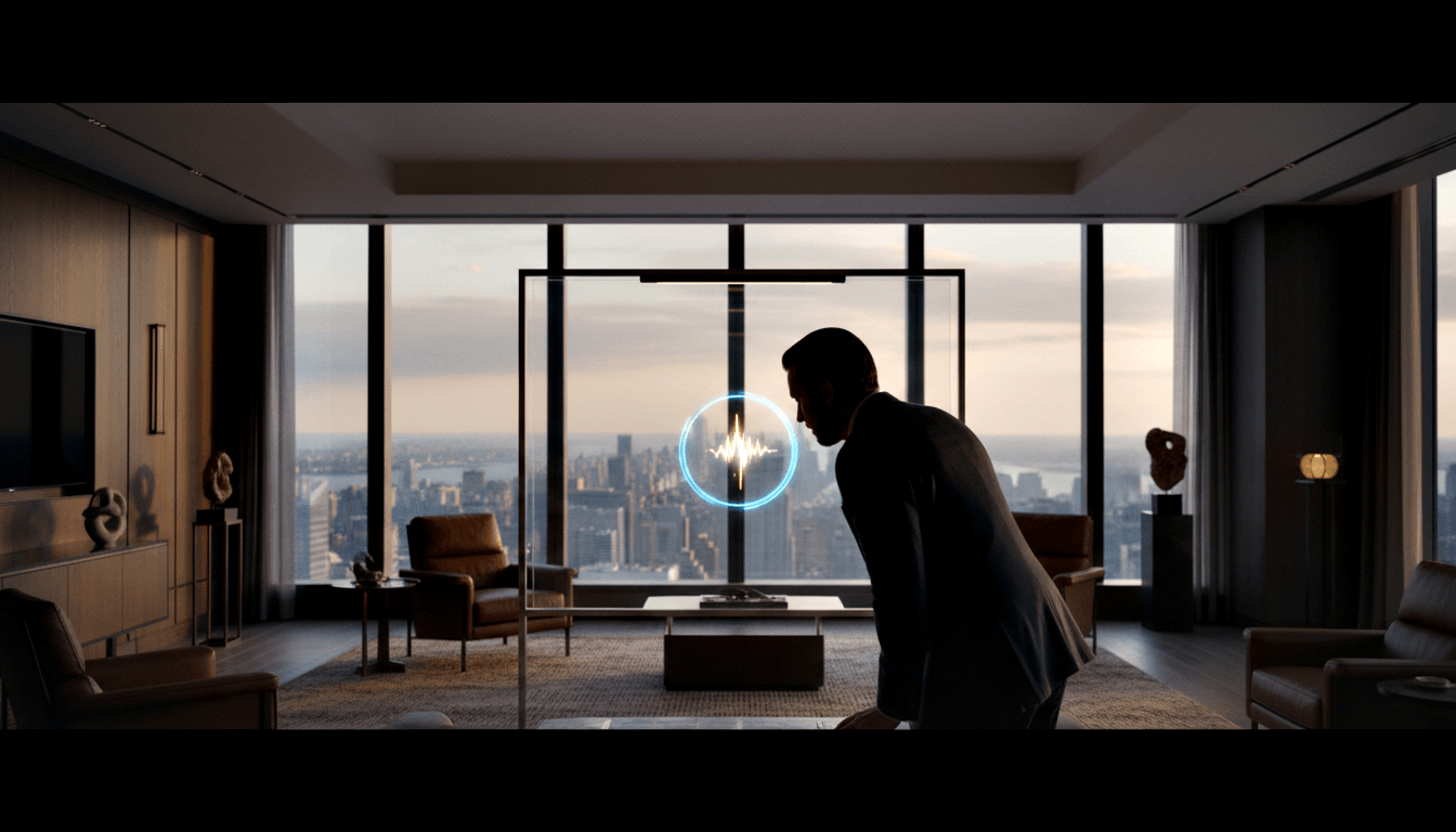 Silhouetted man in dark suit leans toward a glowing holographic audio waveform interface in a room with floor-to-ceiling city views at dusk.