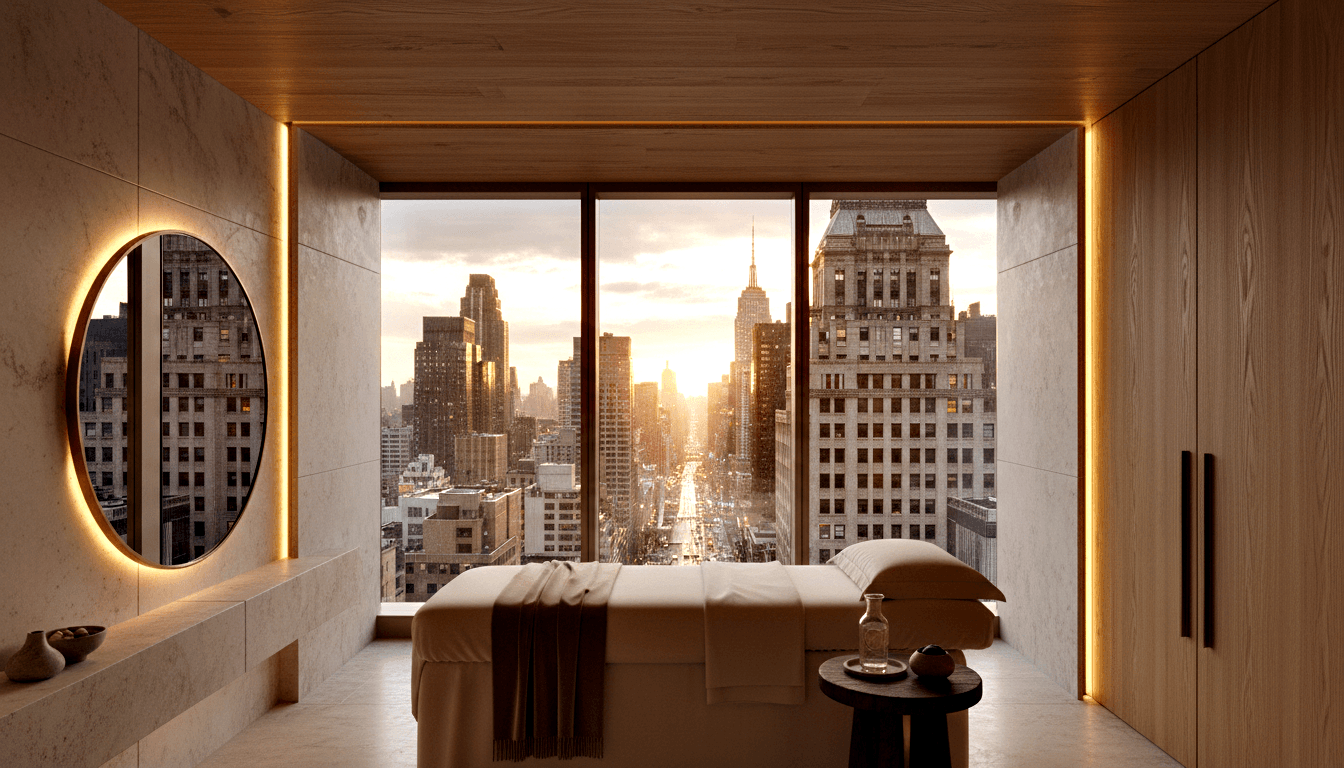 Massage table before floor-to-ceiling window with high-rise skyline and golden sunset; amber backlit mirror on left wall.