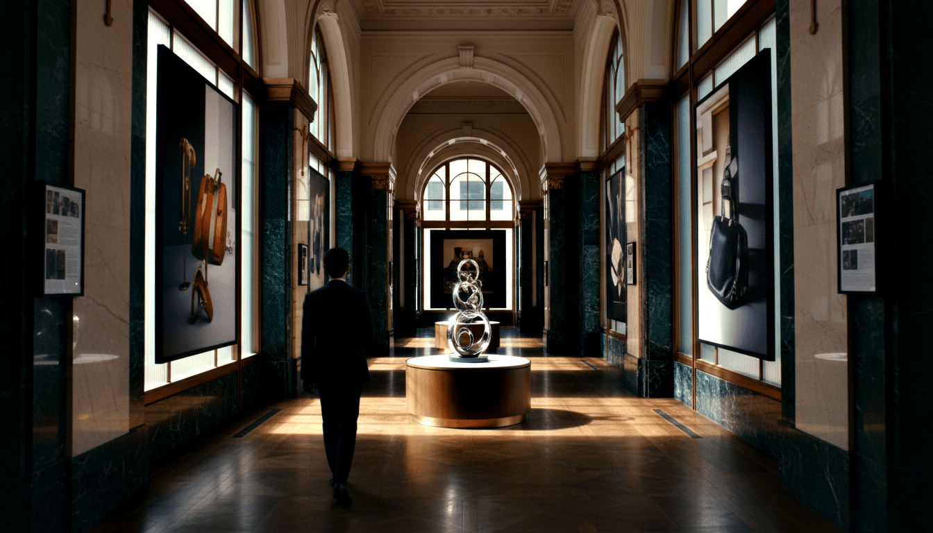 Neoclassical hallway with green marble pilasters; framed handbag photos line walls, chrome sphere sculpture, lone suited figure.