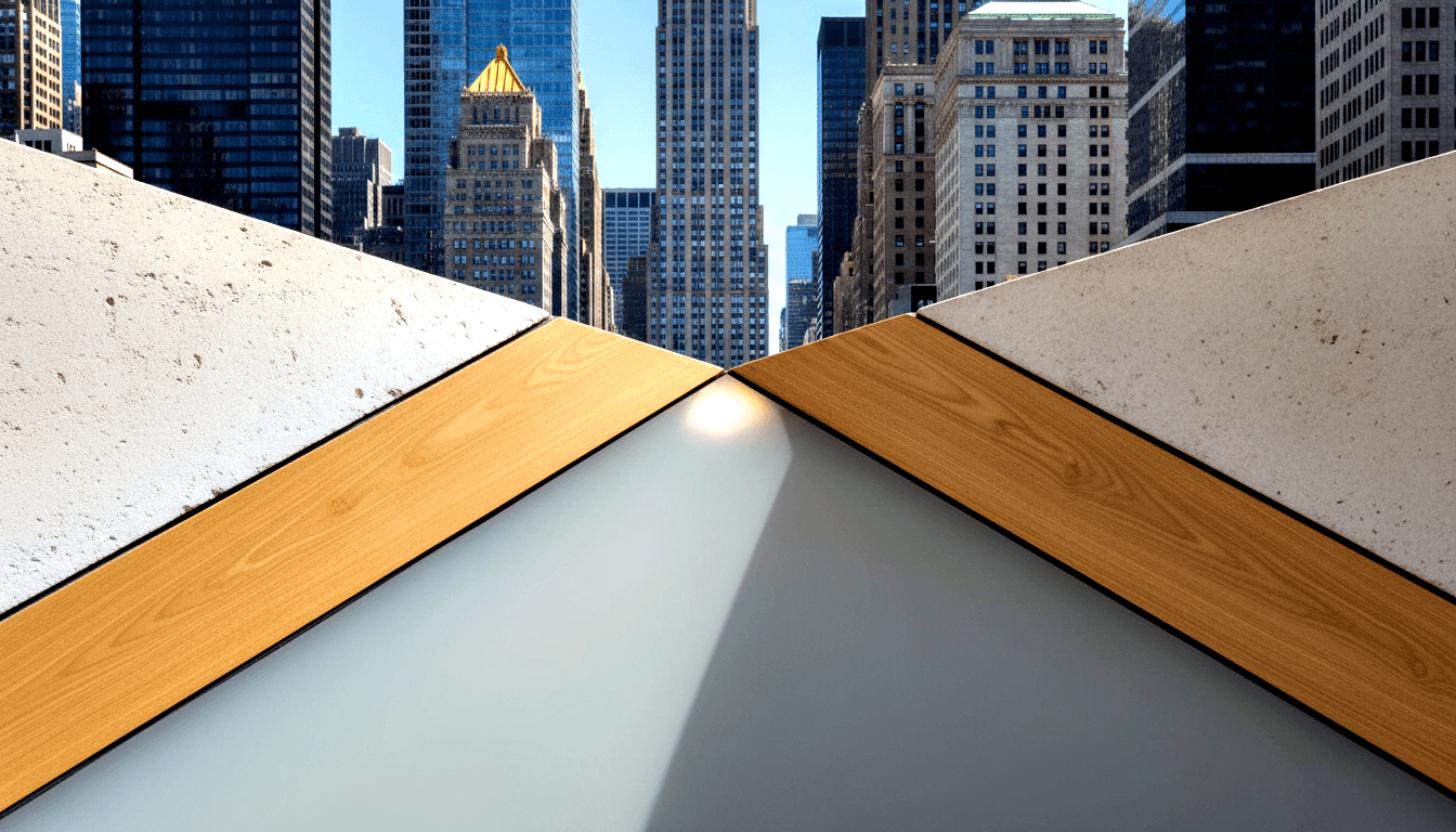 Two concrete ledges with oak-toned trim form a V-shape framing a grey panel, with a glass and masonry skyline under blue sky behind.