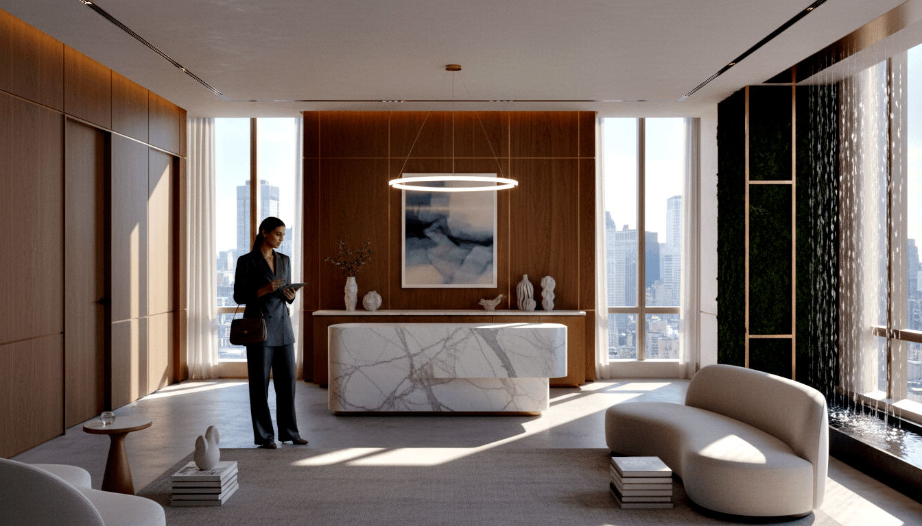 CGI lobby: marble reception desk, ring pendant light, wood walls, blue artwork, woman with tablet, green plant wall, waterfall.