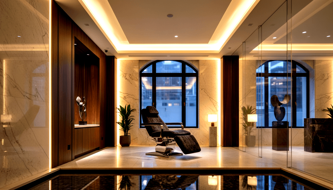 Black upholstered reclining chair on chrome base, set on dark reflective floor with cream marble walls and warm amber cove lighting.