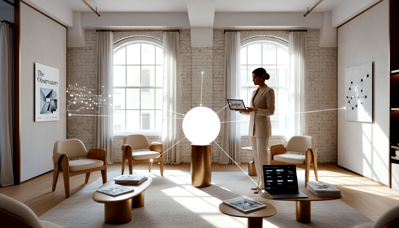 Woman in cream suit holds tablet near glowing spherical lamp; arched windows and holographic network diagrams fill the interior.