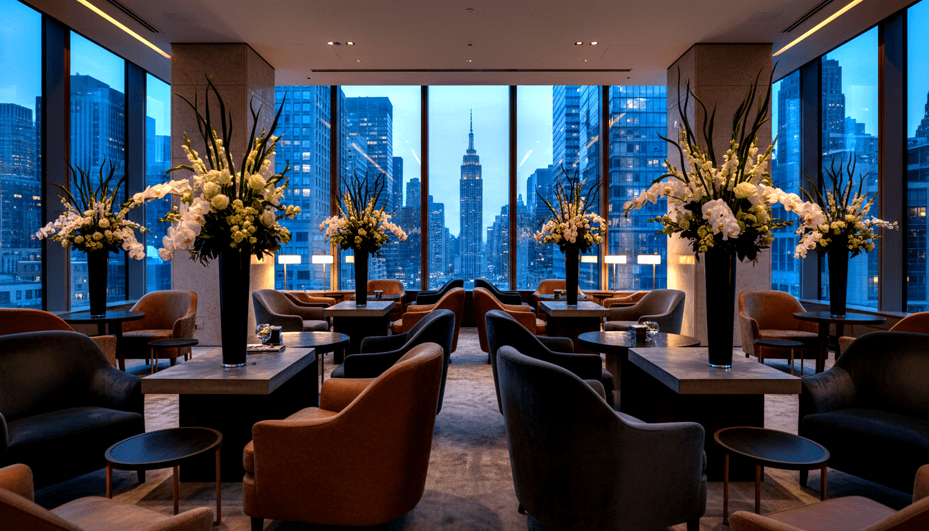 High-floor lounge: black vases with orchids and roses between rust and charcoal armchairs, floor-to-ceiling windows, twilight skyline.