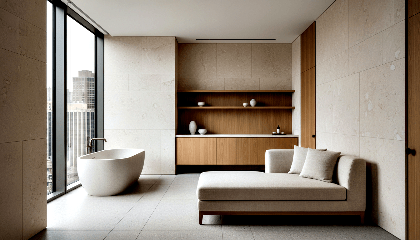 Oval white freestanding tub with brass faucet by black-framed windows, cream chaise lounge at right, oak cabinetry behind.