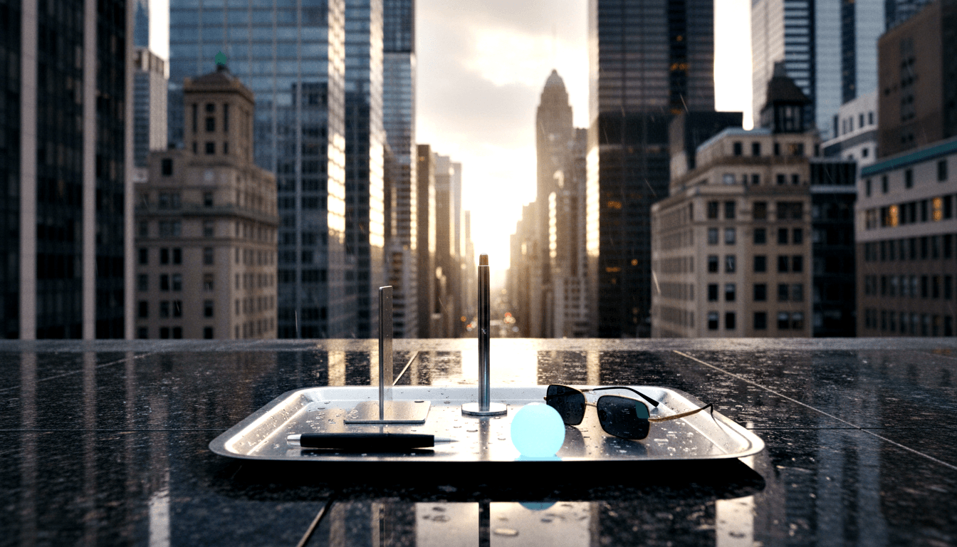 Chrome tray on wet stone holds metal rods, glowing cyan sphere, aviator sunglasses, black rectangle; skyscrapers recede into amber light.