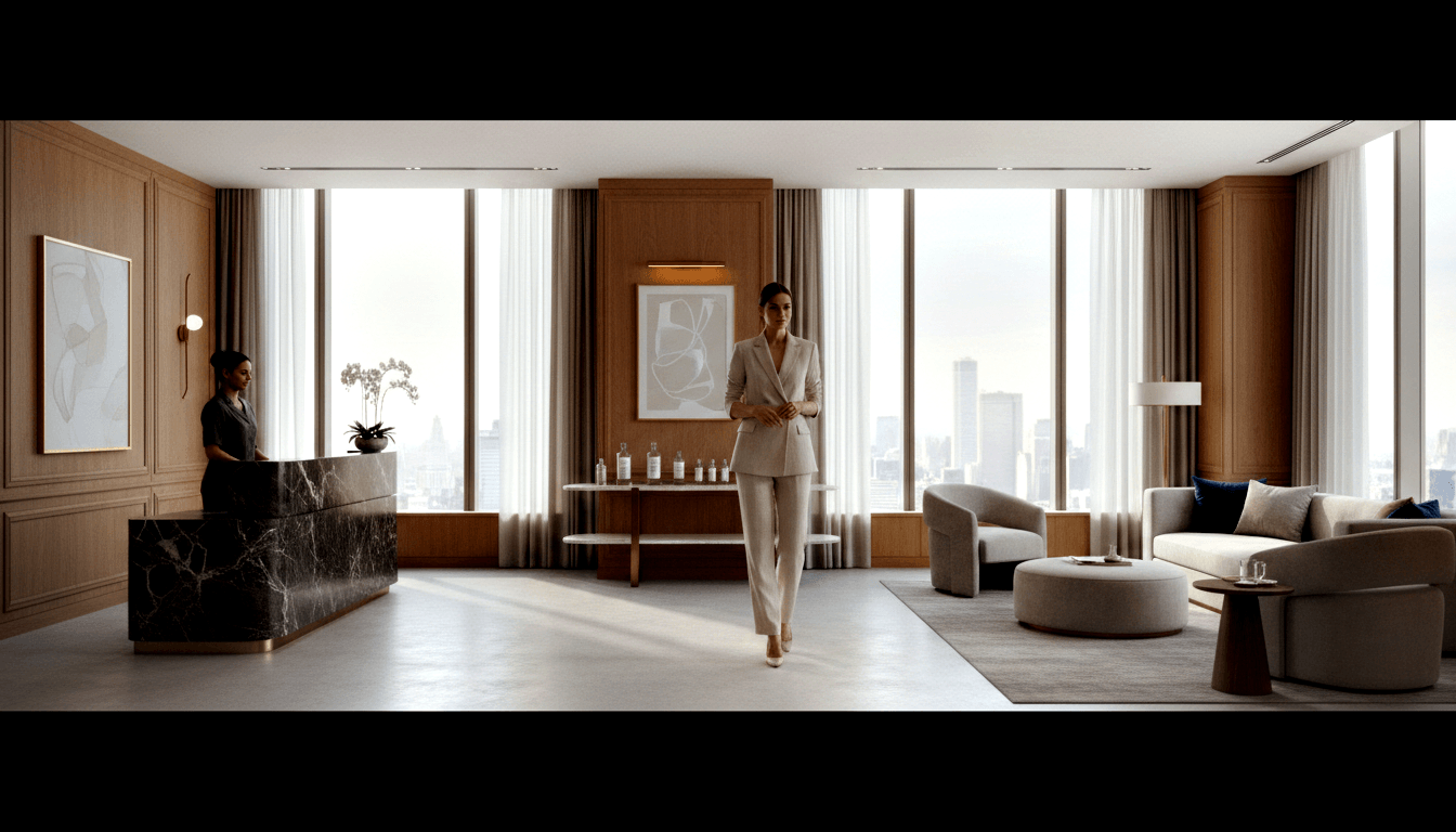Woman in cream pantsuit walks toward camera; uniformed receptionist at marble desk; wood-paneled lobby with city skyline windows.