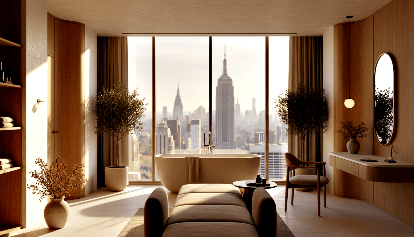 Oval cream freestanding bathtub before floor-to-ceiling windows with urban skyline, honey-toned wood paneling, olive trees, and warm amber light.