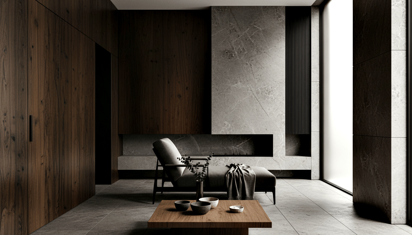 CGI living room with recessed fireplace in dark stone, wood-paneled walls, grey armchair, and floor-to-ceiling windows.