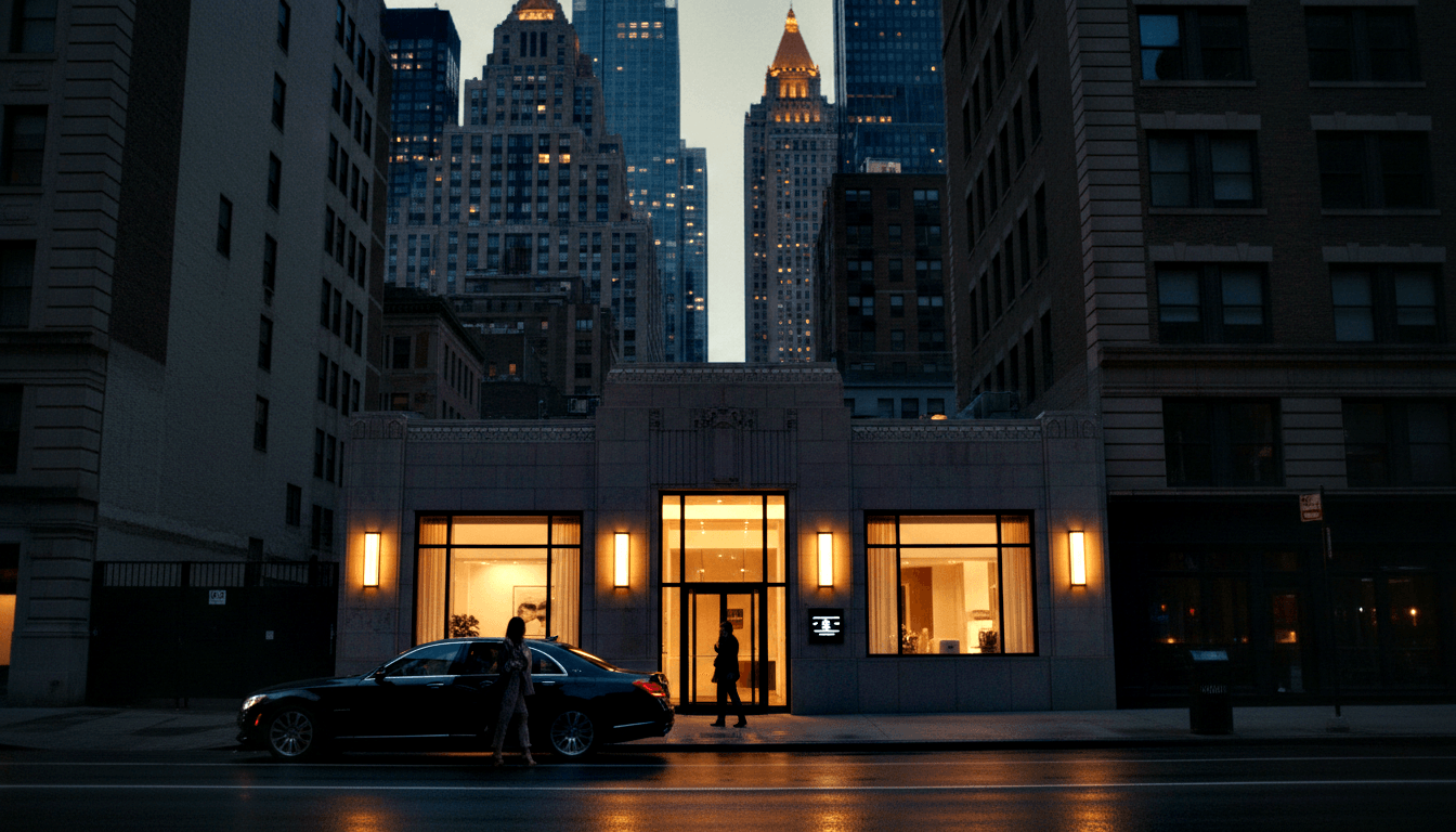 Glass-fronted low-rise building between tall skyscrapers on wet urban street at dusk, dark luxury sedan parked outside.