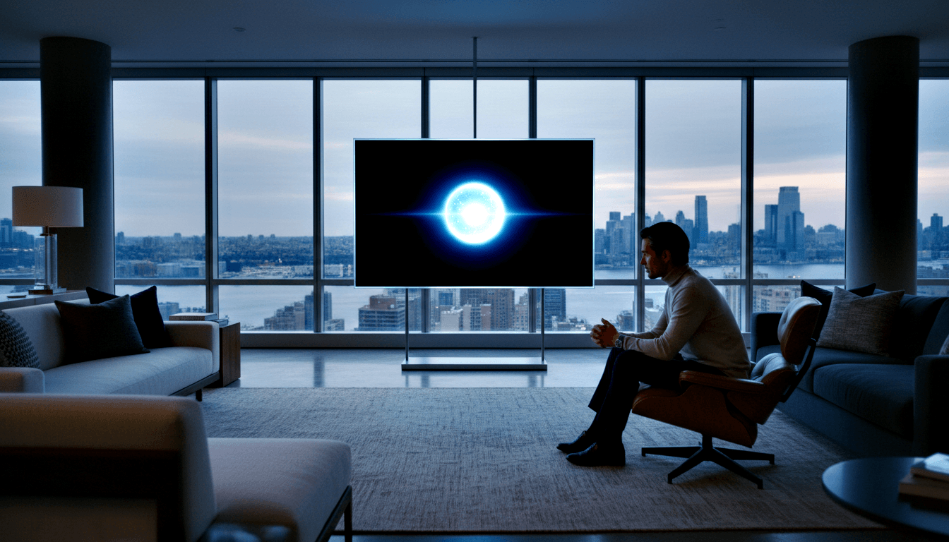 Man in cream turtleneck sits in cognac leather chair facing a flatscreen TV displaying a glowing cyan orb, dim high-rise room with city skyline.