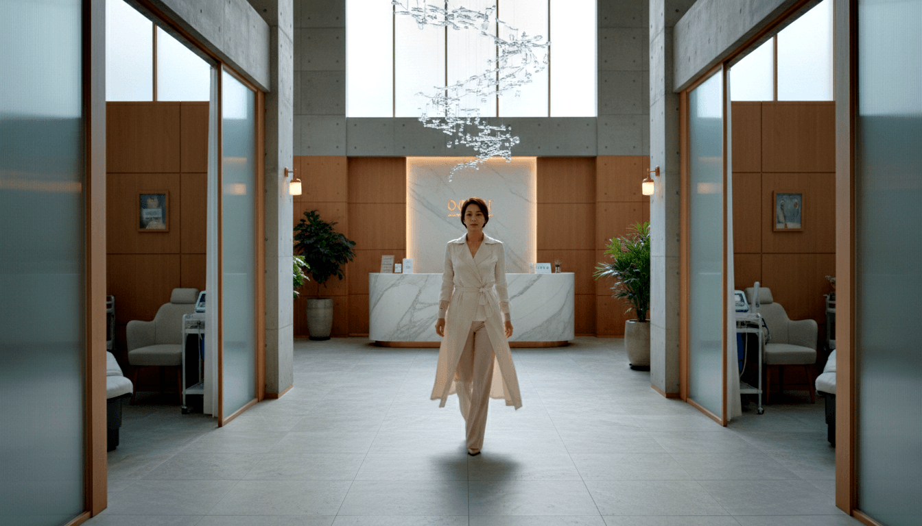 Woman in cream wide-leg trousers and long wrap coat walks through corridor with concrete walls, wood panels, and crystal chandelier.
