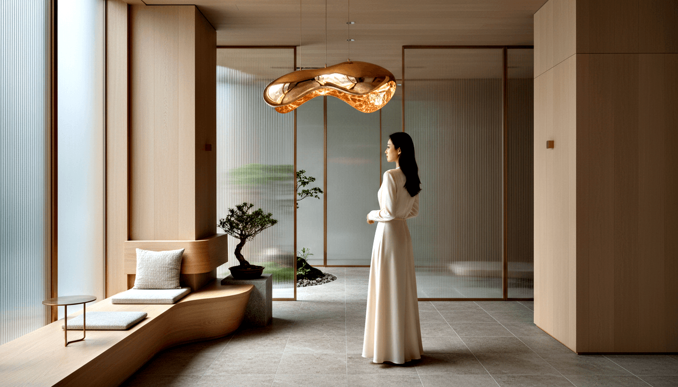 Woman in cream gown stands in profile beneath gold pendant light; light wood paneling, frosted glass screens, bonsai on stone pedestal.