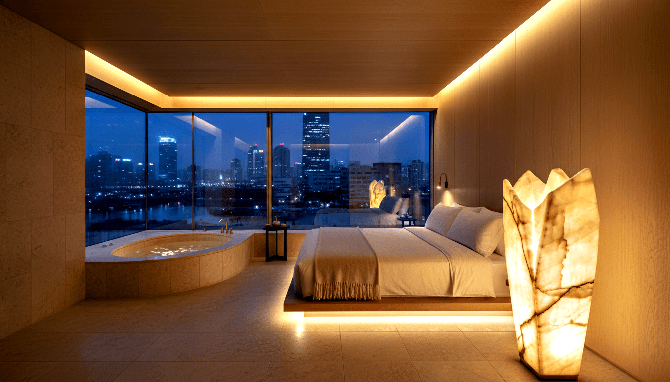King bed with white linens, circular soaking tub, amber lighting, and floor-to-ceiling windows with nighttime waterfront skyline.