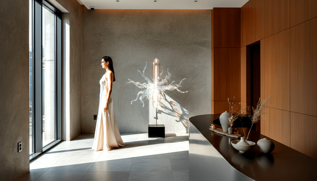 Woman in ivory satin slip dress stands in profile before floor-to-ceiling windows beside a tall glass sculpture emitting prismatic reflections.