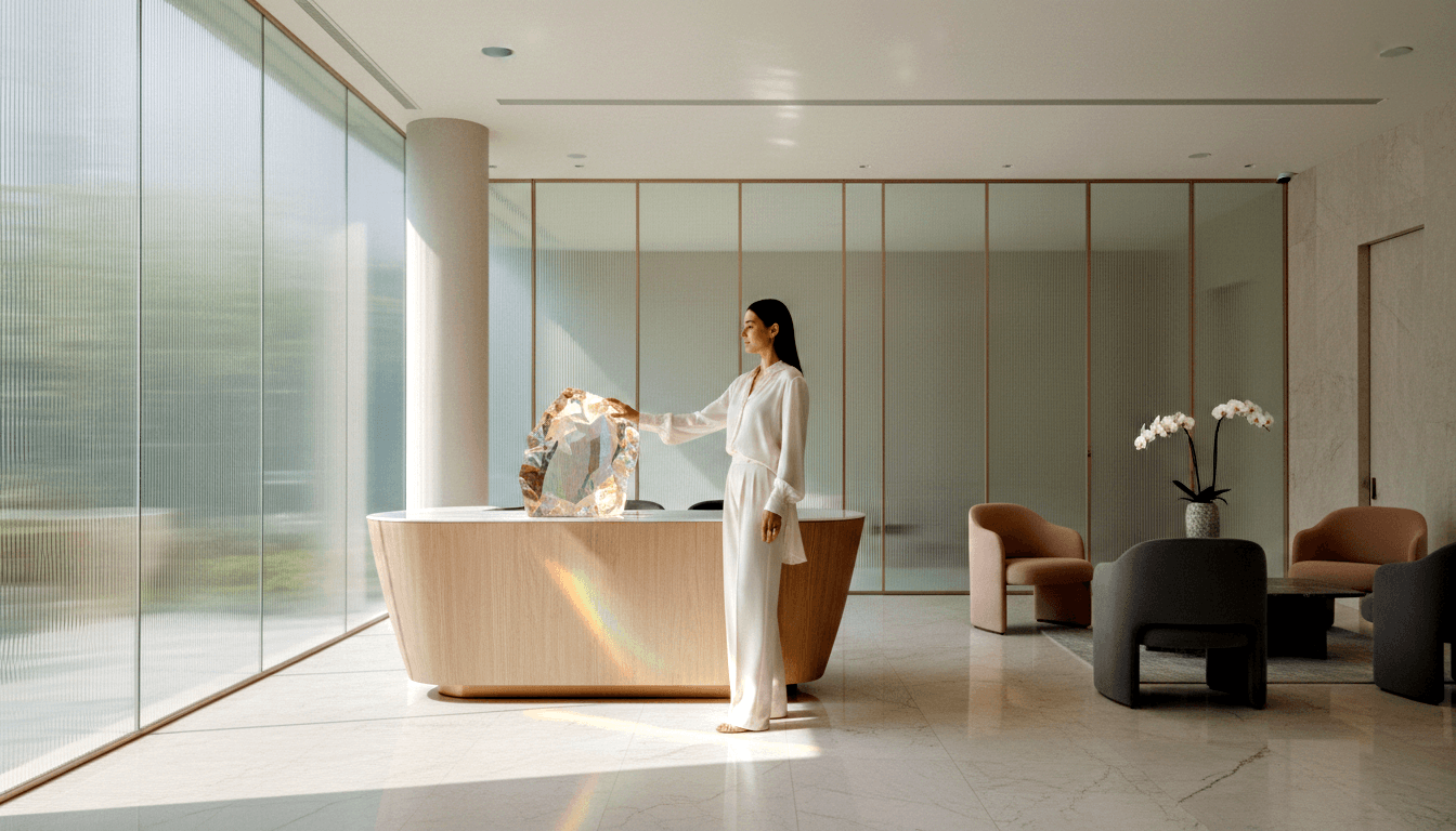 Barefoot woman in white wide-leg trousers reaches toward a large faceted crystal sculpture on a curved light-wood reception desk.
