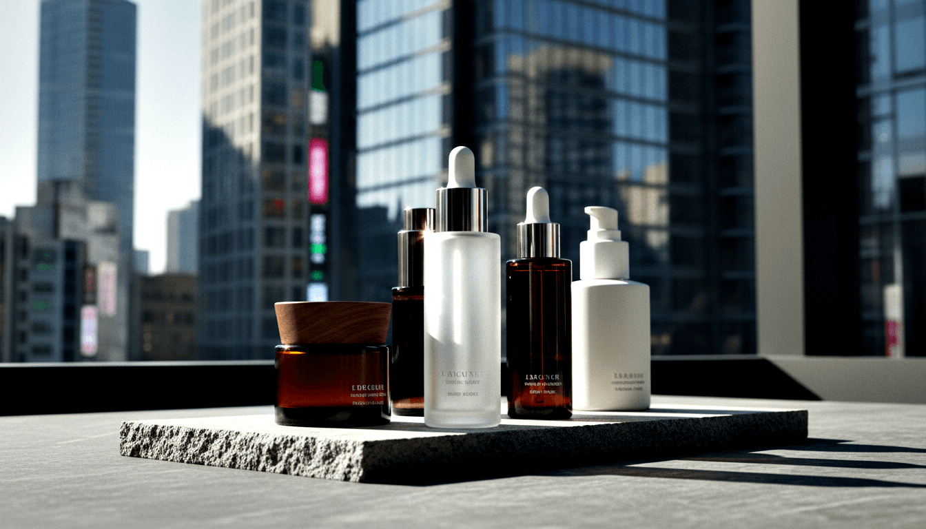 Five skincare containers on rough concrete with sharp diagonal shadows; blurred glass-curtain-wall skyline under deep blue sky behind.
