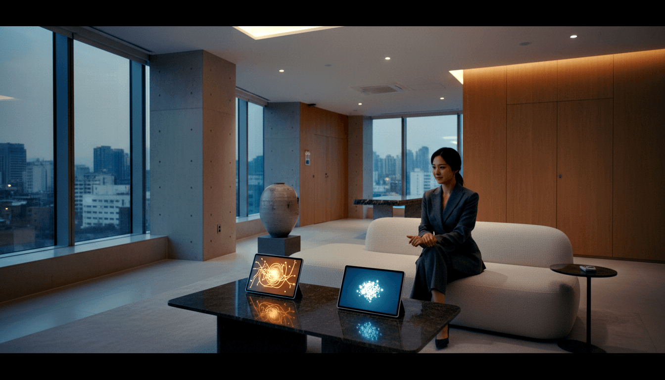 Woman in gray suit on white sofa; two glowing tablets on dark marble table, urban skyline at dusk through floor-to-ceiling windows.
