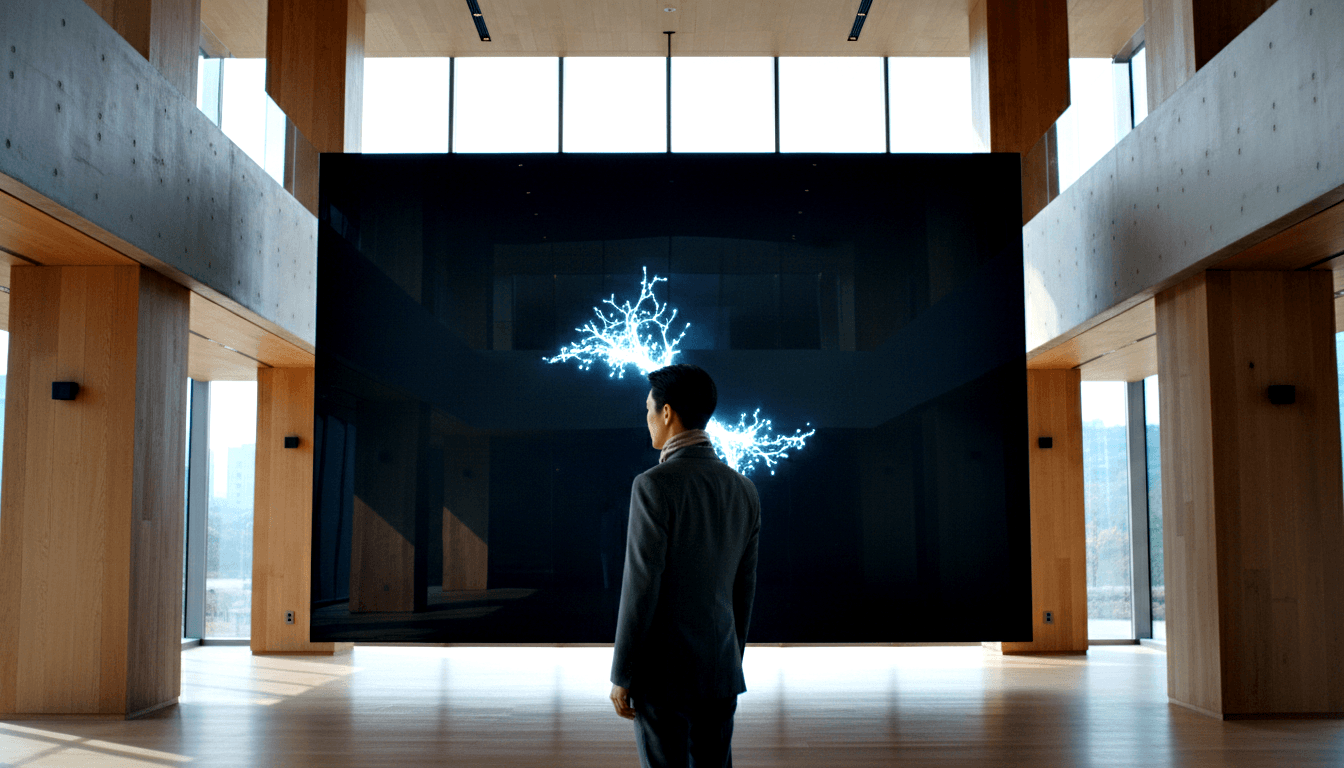 Person in gray blazer viewed from behind facing large black screen displaying two glowing blue-white dendritic structures.