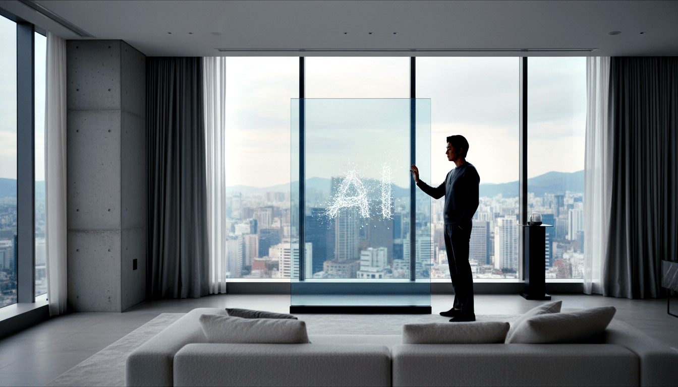 Man in navy outfit reaching toward freestanding glass panel with glowing 'AI' text in high-rise room with urban skyline beyond.