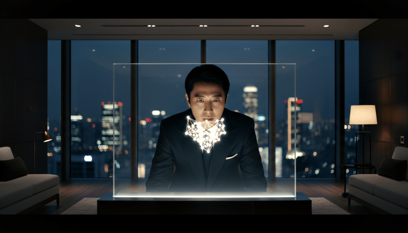 Man in dark suit stands behind glass panel; glowing geometric network emanates from chest; nighttime cityscape bokeh behind.