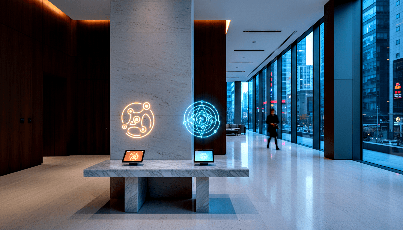 Marble lobby with amber molecular and cyan atomic neon installations on pillars; blurred woman walks near city-view windows at dusk.