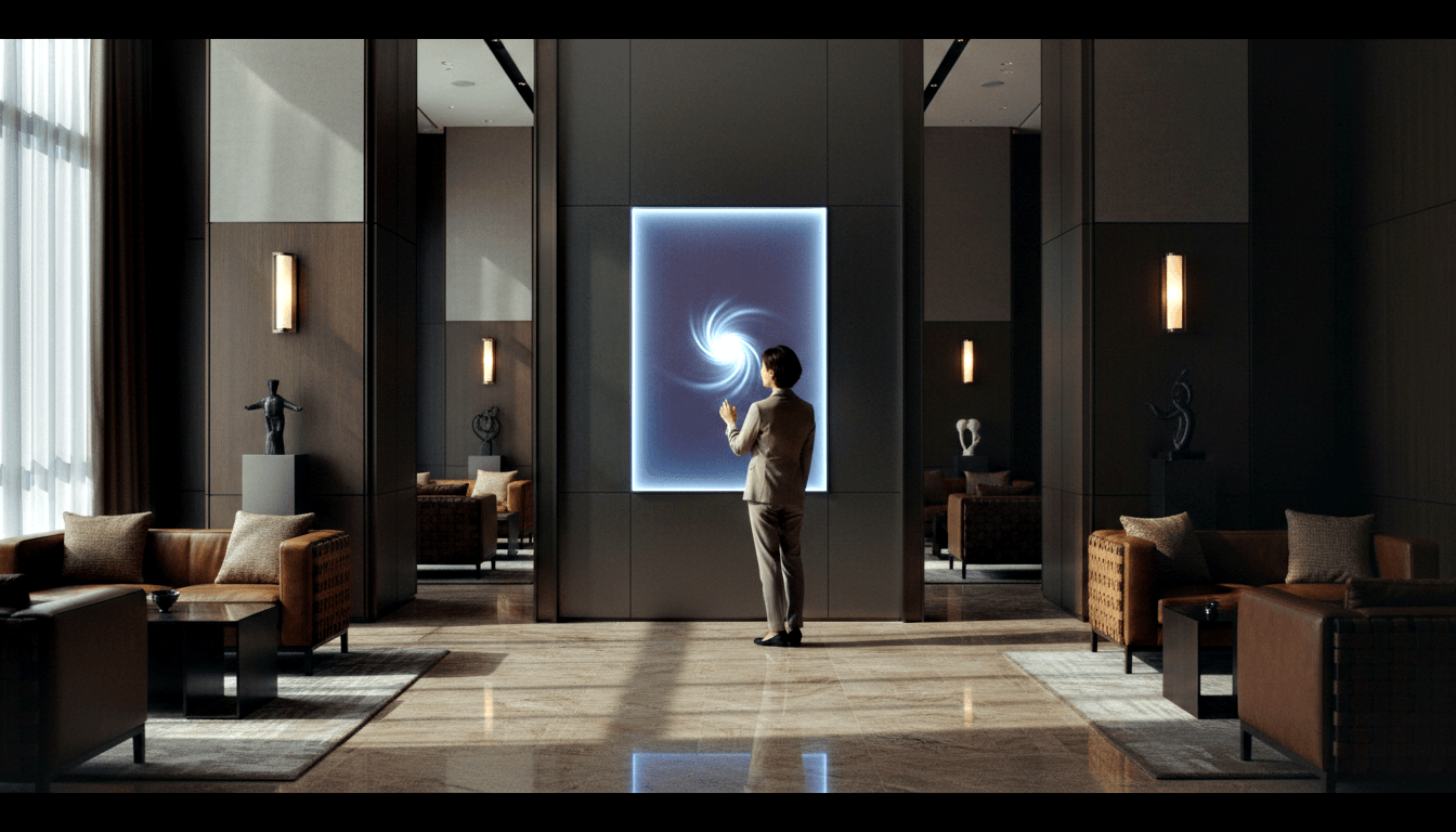 Person in beige suit, back to camera, hand raised toward large display showing glowing blue-white spiral vortex on dark charcoal wall.