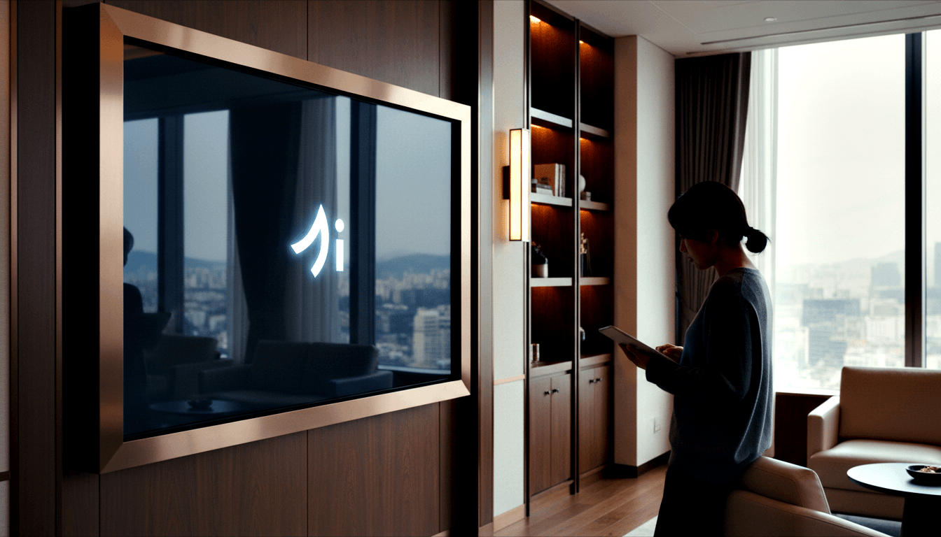 Woman in gray-blue top views tablet beside transparent rose-gold display on walnut wall; city skyline through floor-to-ceiling windows.