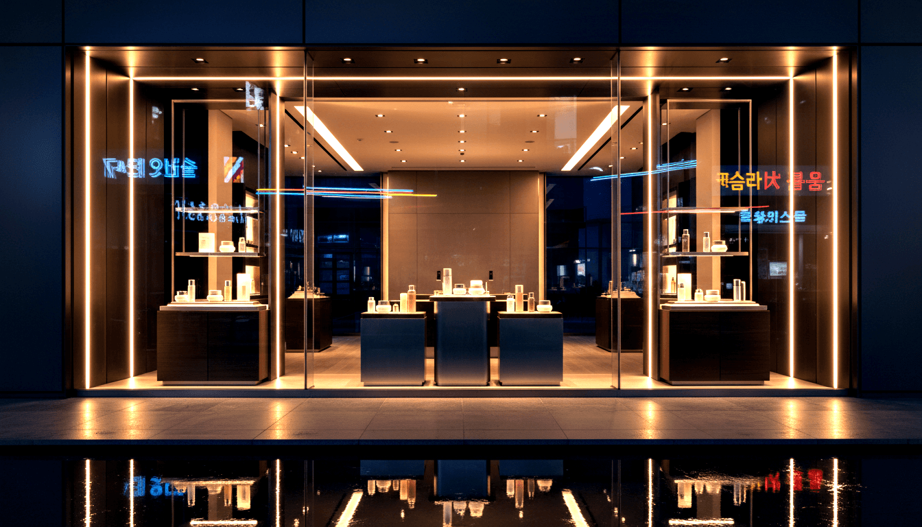 Cosmetics storefront at night: dark plinths, spotlit bottles, neon blue/red/yellow streaks on glass, wet pavement reflection.