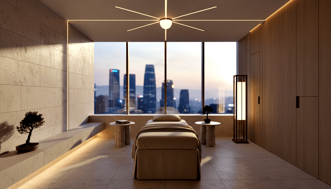 3D-rendered treatment room with cream massage table, stone pedestals, bonsai tree, and floor-to-ceiling windows showing dusk cityscape.