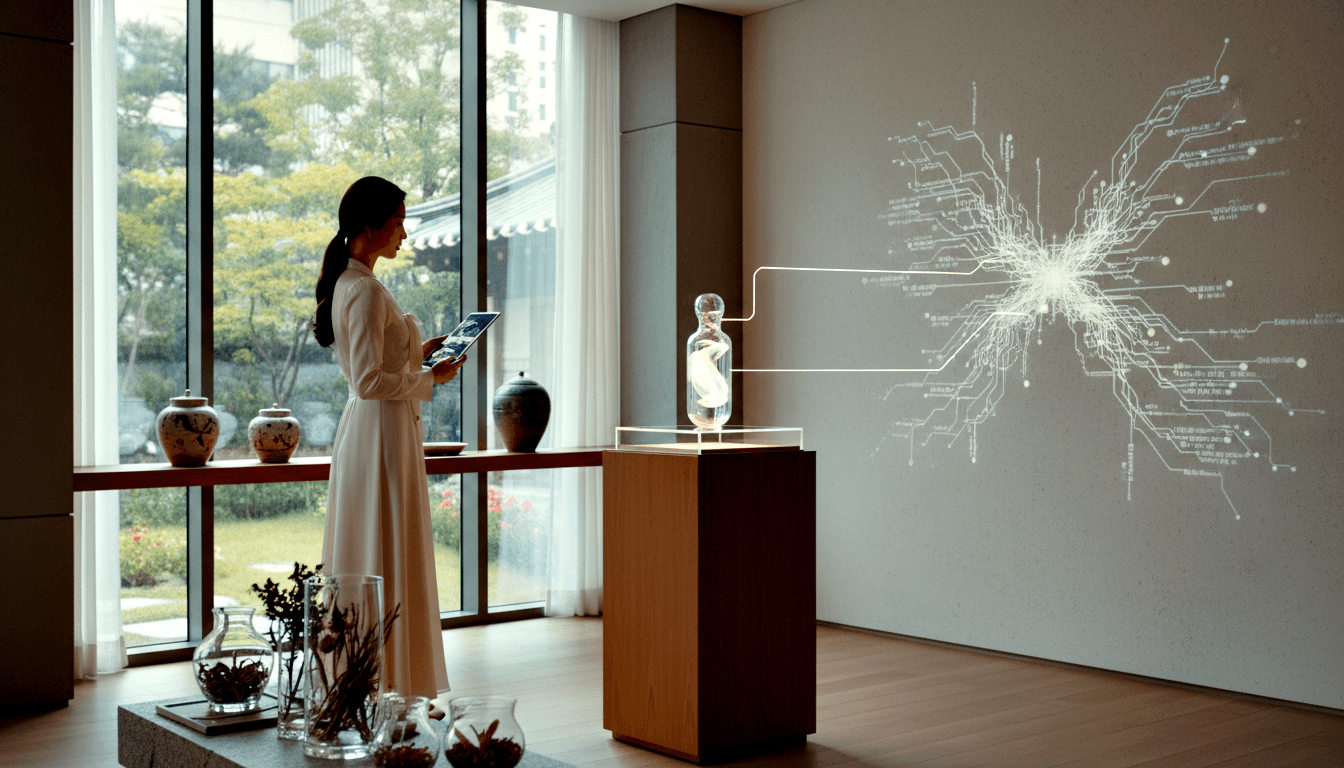 Woman in white dress holds tablet in profile by floor-to-ceiling windows overlooking East Asian garden, glowing network diagram nearby.
