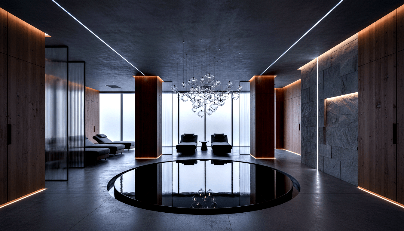 Sunken circular water basin centered in a symmetrical interior with wood columns, bubble chandelier, and LED lighting.