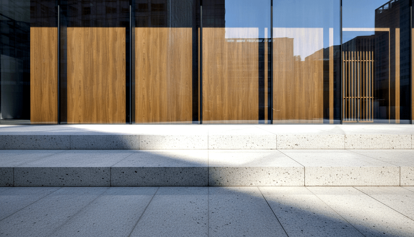 Building facade with dark metal-framed glass curtain wall revealing warm wood cladding behind, over light grey stone steps with diagonal shadow.