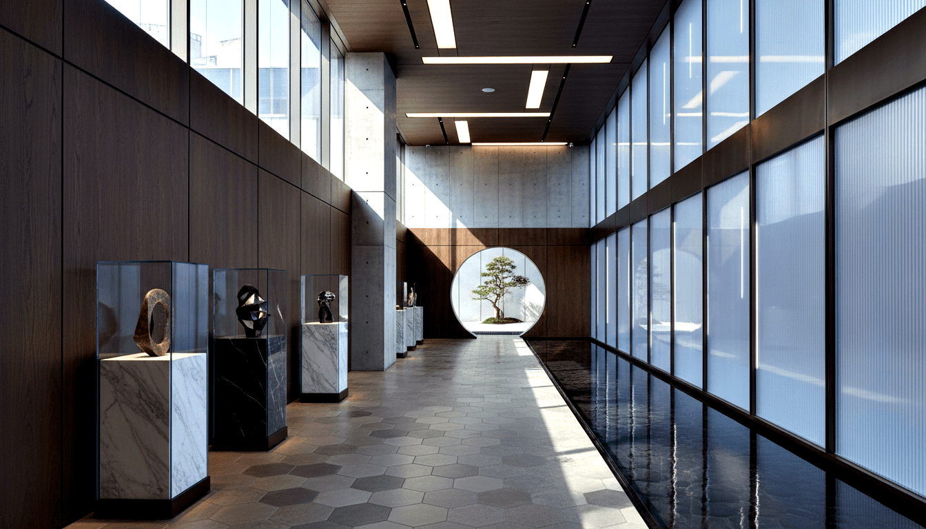 CGI corridor in one-point perspective: moon gate framing bonsai, wood paneling, glass cases, reflective pool, hexagonal tiles.