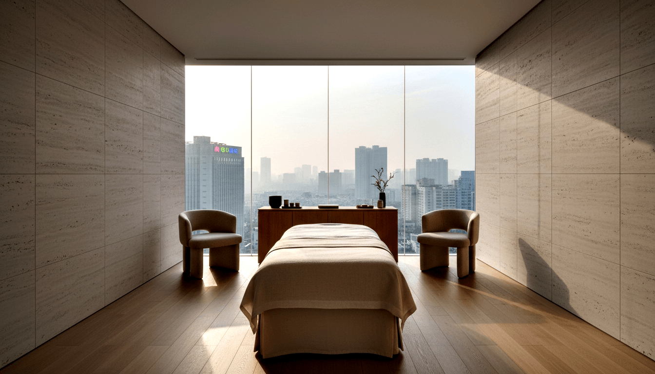 Cream-draped massage table flanked by two beige armchairs before floor-to-ceiling windows overlooking a hazy grey-blue urban skyline.