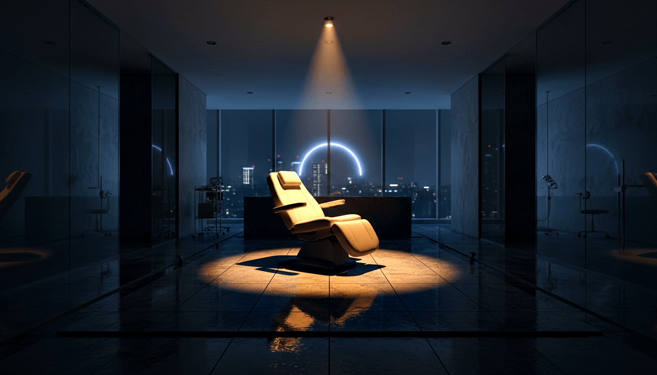 3D-rendered dark treatment room: cream reclining chair under amber spotlight, navy ambient light, cityscape through floor-to-ceiling windows.