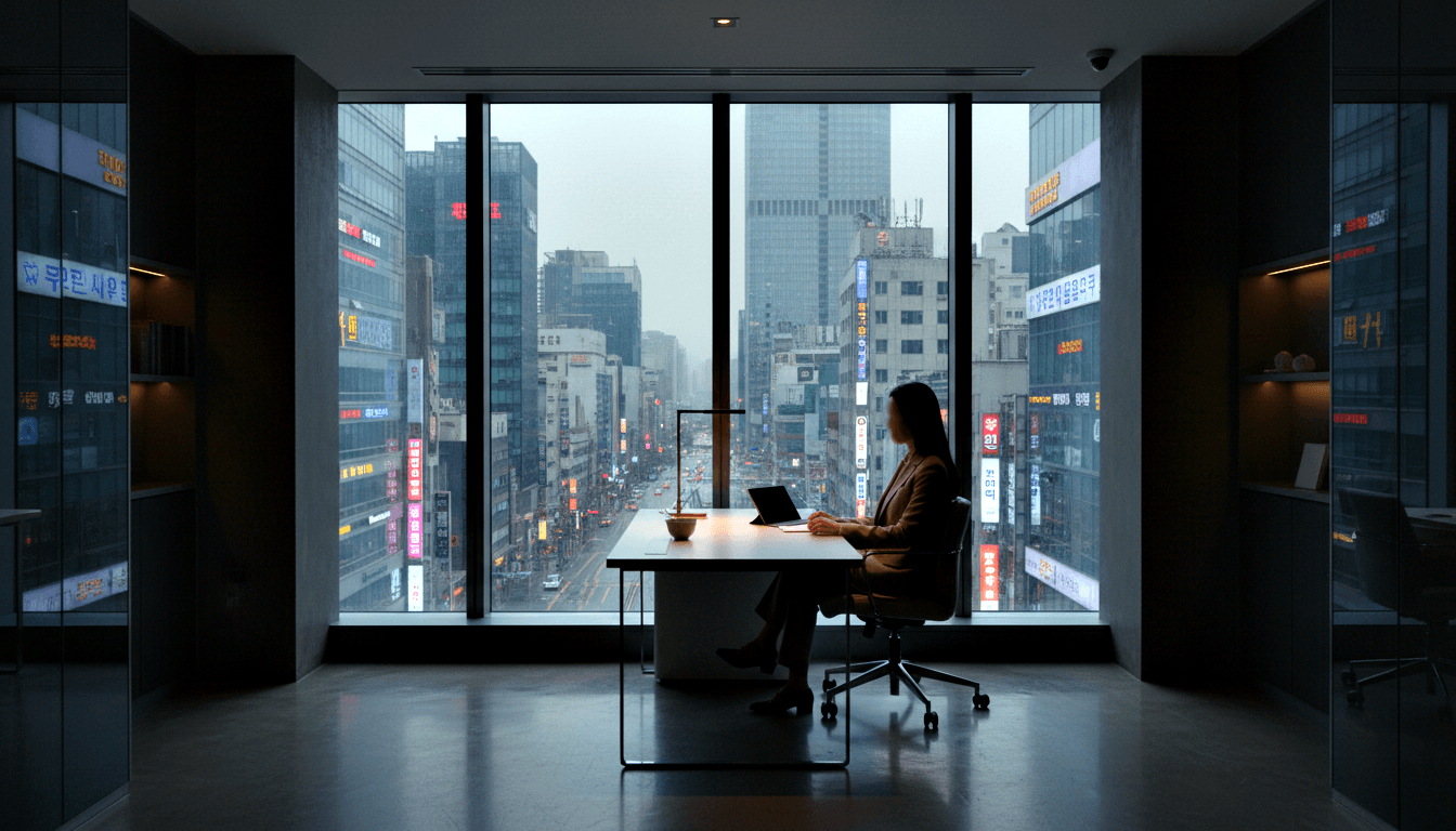 Woman in dark blazer at white desk between dark shelves, floor-to-ceiling windows reveal neon-lit urban street canyon.