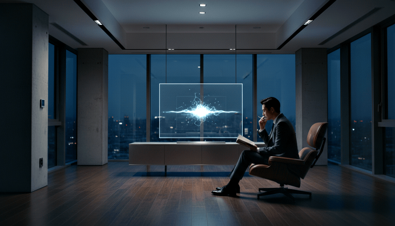Man in dark suit sits in leather chair gesturing at glowing screen with white-blue particle burst; night city skyline behind.