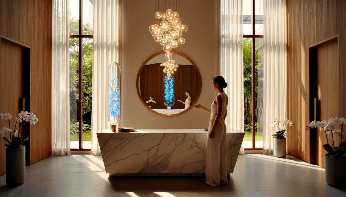 Woman in cream maxi dress beside white marble console, reaching toward tall glass vessel with blue clustered elements, circular mirror above.