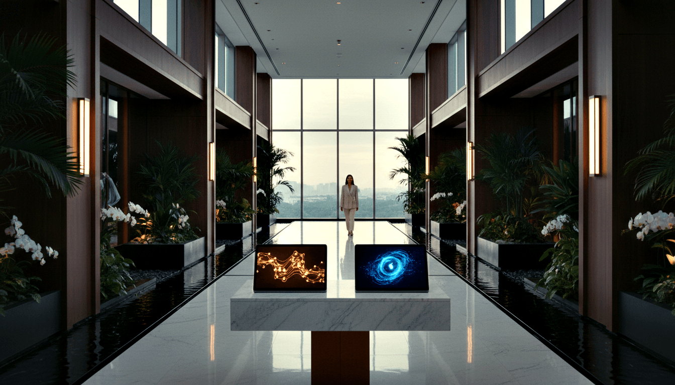 CGI marble corridor with water channels, orchid planters, glowing amber and blue screens; woman in cream suit by far windows.