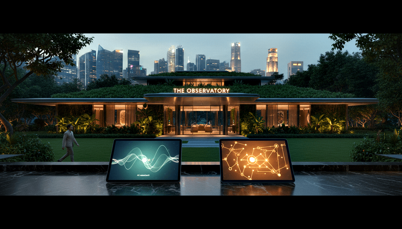 CGI of low-rise building labeled 'THE OBSERVATORY' with green living roof, glass walls, tropical garden, city skyline at dusk.
