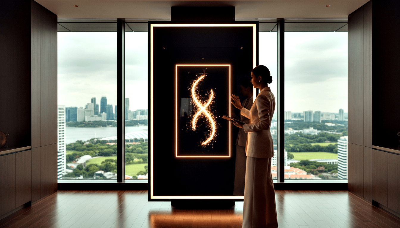 Dark-haired woman in cream blazer holds tablet, gesturing at a black display panel showing a glowing golden figure-eight symbol.