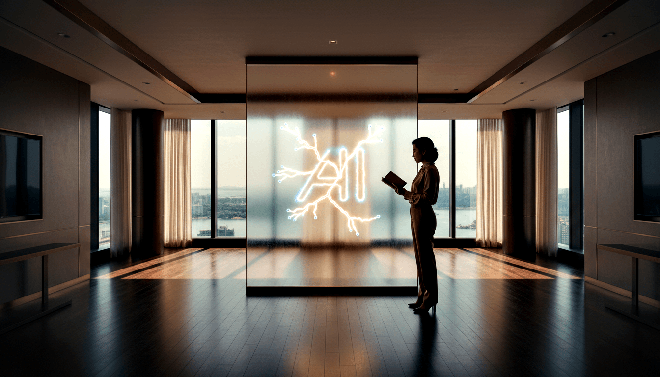 Woman in heels stands in profile before a glowing circuit symbol on frosted glass, backlit by waterfront floor-to-ceiling windows.