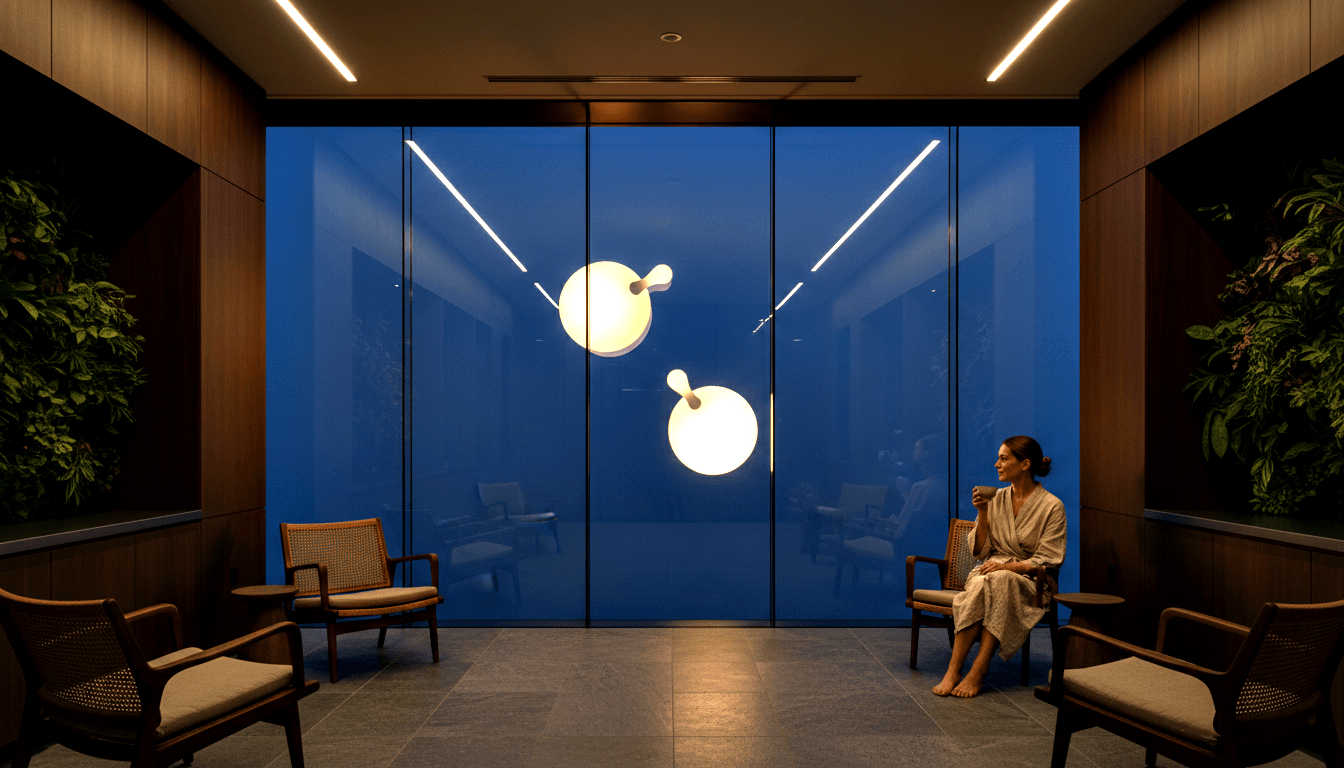 Symmetrical lounge: wood walls, green plant walls, cobalt-blue glass partition; woman in light robe sits barefoot holding a cup.